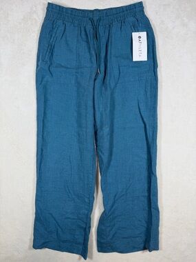 NWT Athleta Size 10 Retreat 100% Linen Wide Pant Teal Drawstring Wide-Leg Jogger